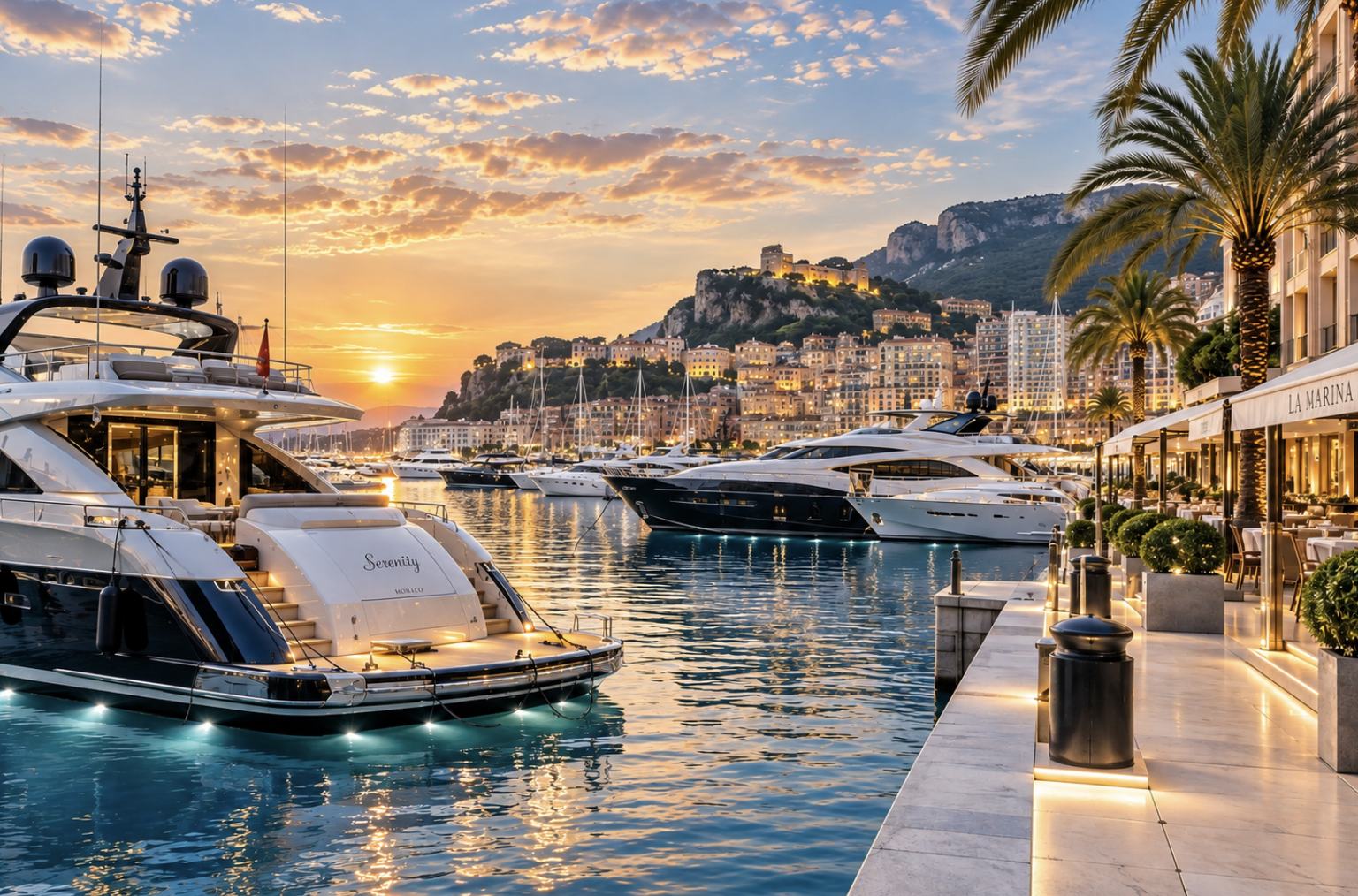 Yachts moored in a harbour at dusk