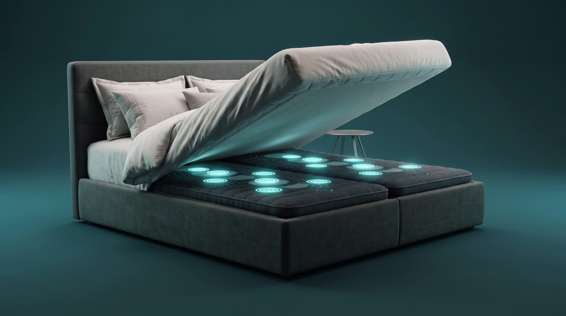 Een bed met de matras opgetild, met de ANDUFIT-module en vijf oplichtende massagezones op de bodem