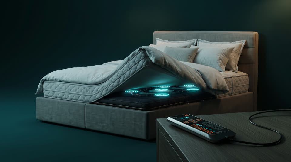 A bed with the mattress lifted, showing the ANDUFIT module with five glowing massage zones